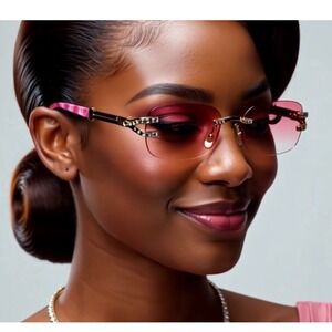 Women's Frameless Pink Oceanic Lens Fashion Sunglasses Rhinestone‎ Beach Style
